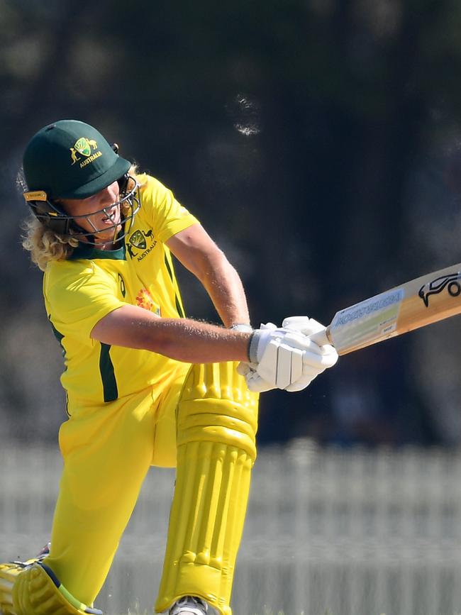 Jake Fraser-McGurk crunches a ball to the fence for the Cricket Australia XI.