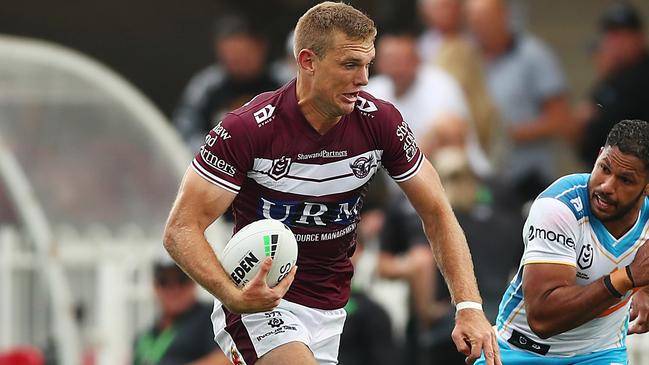MUDGEE, AUSTRALIA - APRIL 17: Tom Trbojevic of the Sea Eagles scores a try during the round six NRL match between the Manly Sea Eagles and the Gold Coast Titans at Glen Willow Sporting Complex, on April 17, 2021, in Mudgee, Australia. (Photo by Mark Metcalfe/Getty Images)