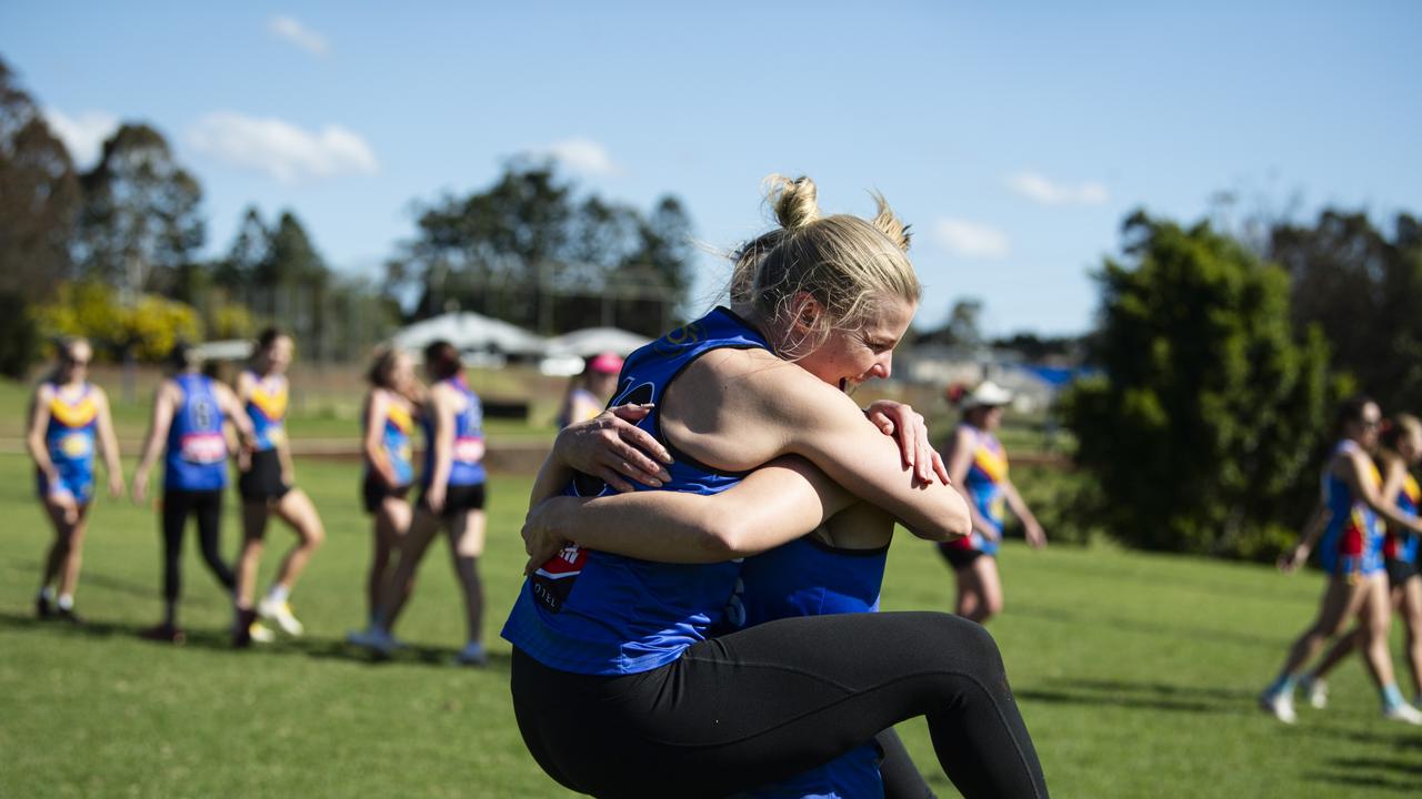 Saints celebrate their extra time grand final win against Highfields in the women’s C-grade match. Picture: Kevin Farmer