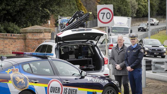 Road Safety Advisory Council chair Scott Tilyard and Assistant Commissioner Jonathan Higgins at Hobart. Picture: Chris Kidd