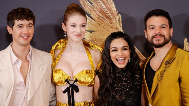 Hunger Games stars (L-R) Tom Blyth, Hunter Schafer, Rachel Zegler and Jose Andres Rivera at the film’s London premiere. Picture: Getty