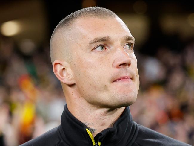 MELBOURNE, AUSTRALIA - AUGUST 24: Retiree Dustin Martin of the Tigers looks on whilst participating in a lap of honour during the 2024 AFL Round 24 match between the Richmond Tigers and the Gold Coast SUNS at The Melbourne Cricket Ground on August 24, 2024 in Melbourne, Australia. (Photo by Dylan Burns/AFL Photos via Getty Images)