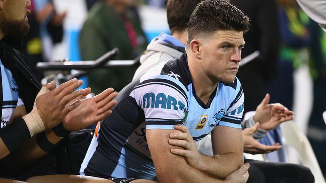 Chad Townsend watches on from the bench during Cronulla’s win over Canberra.