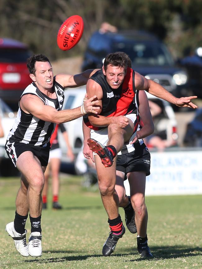 Morphett Vale’s Shane Hill, pictured in action against Reynella in 2017, was one of the Emus’ best in their win against Aldinga on Saturday. Picture: Stephen Laffer