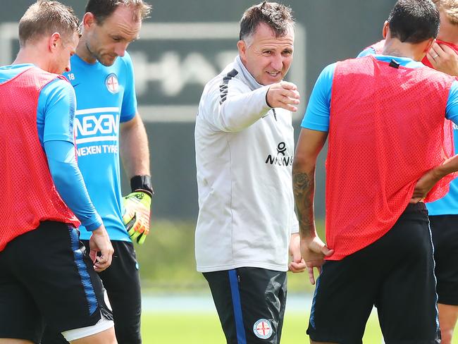 MELBOURNE, AUSTRALIA - FEBRUARY 18: City head coach Warren Joyce teaches players during a Melbourne City A-League training session at City Football Academy on February 18, 2019 in Melbourne, Australia. (Photo by Michael Dodge/Getty Images)