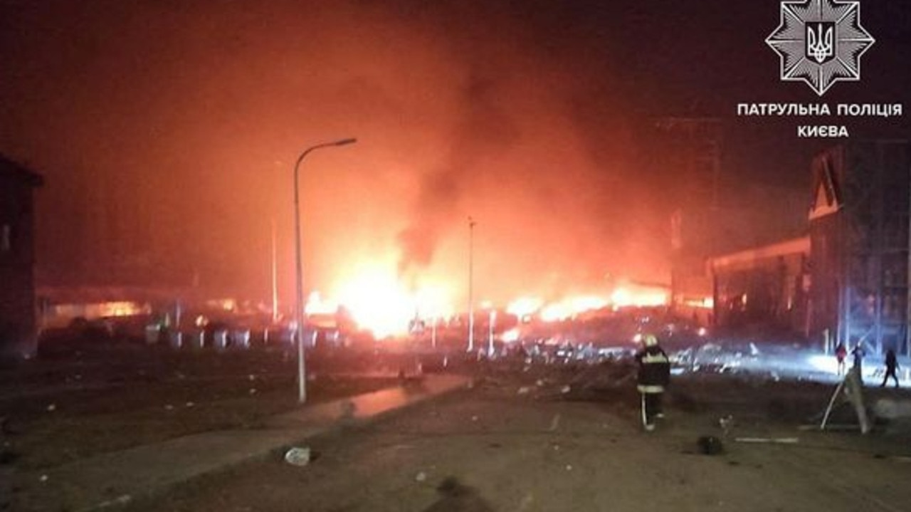 Fires rage after Russian force bombed Retroville shopping mall in Kyiv's Podilskyi district.