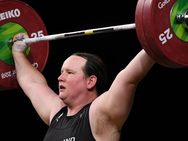 Laurel Hubbard of New Zealand during for the Women's +90kg Weightlifting Final on day five of the XXI Commonwealth Games, at the Gold Coast, Australia, Monday, April 9, 2018 . (AAP Image/Dean Lewins) NO ARCHIVING, EDITORIAL USE ONLY