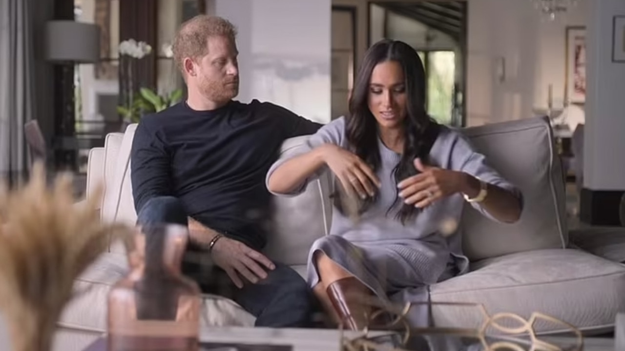 Harry and Meghan at their Montecito mansion. Picture: Netflix