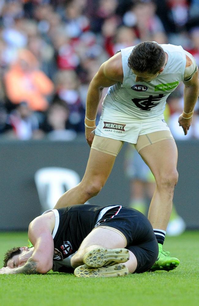 Marc Murphy of the Blues yells at Jake Carlisle of the Saints, after a sledging incident at Etihad Stadium. Picture: Joe Castro (AAP)