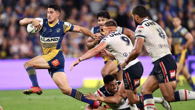 Dylan Brown of the Eels makes a break to score a try during the round nine NRL match between the Parramatta Eels and the Sydney Roosters at Bankwest Stadium on May 07, 2021, in Sydney, Australia. Picture: Cameron Spencer/Getty Images