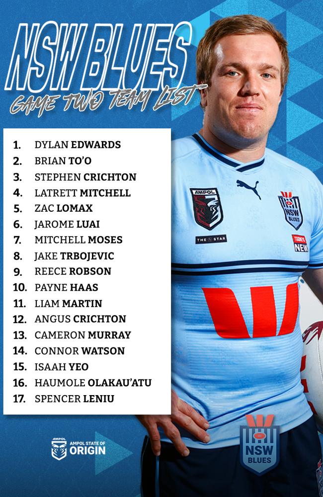 NSW Blues side for game two.