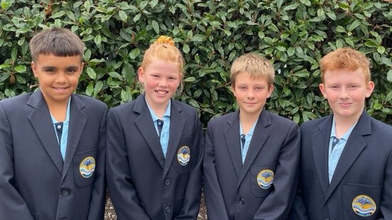 Bomaderry Public School’s leadership team for 2022, Kyeton Farrell, left, with Hannah Campbell, Nikodem Ociepa, Jayden Gardner