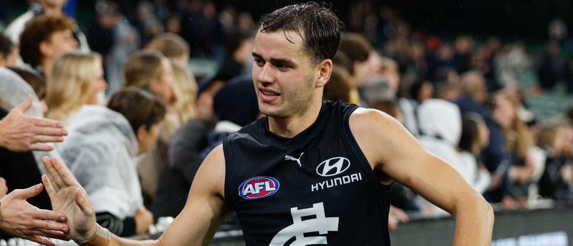 MELBOURNE, AUSTRALIA - MAY 09: Brodie Kemp of the Blues celebrates during the 2024 AFL Round 09 match between the Carlton Blues and the Melbourne Demons at The Melbourne Cricket Ground on May 09, 2024 in Melbourne, Australia. (Photo by Dylan Burns/AFL Photos via Getty Images)