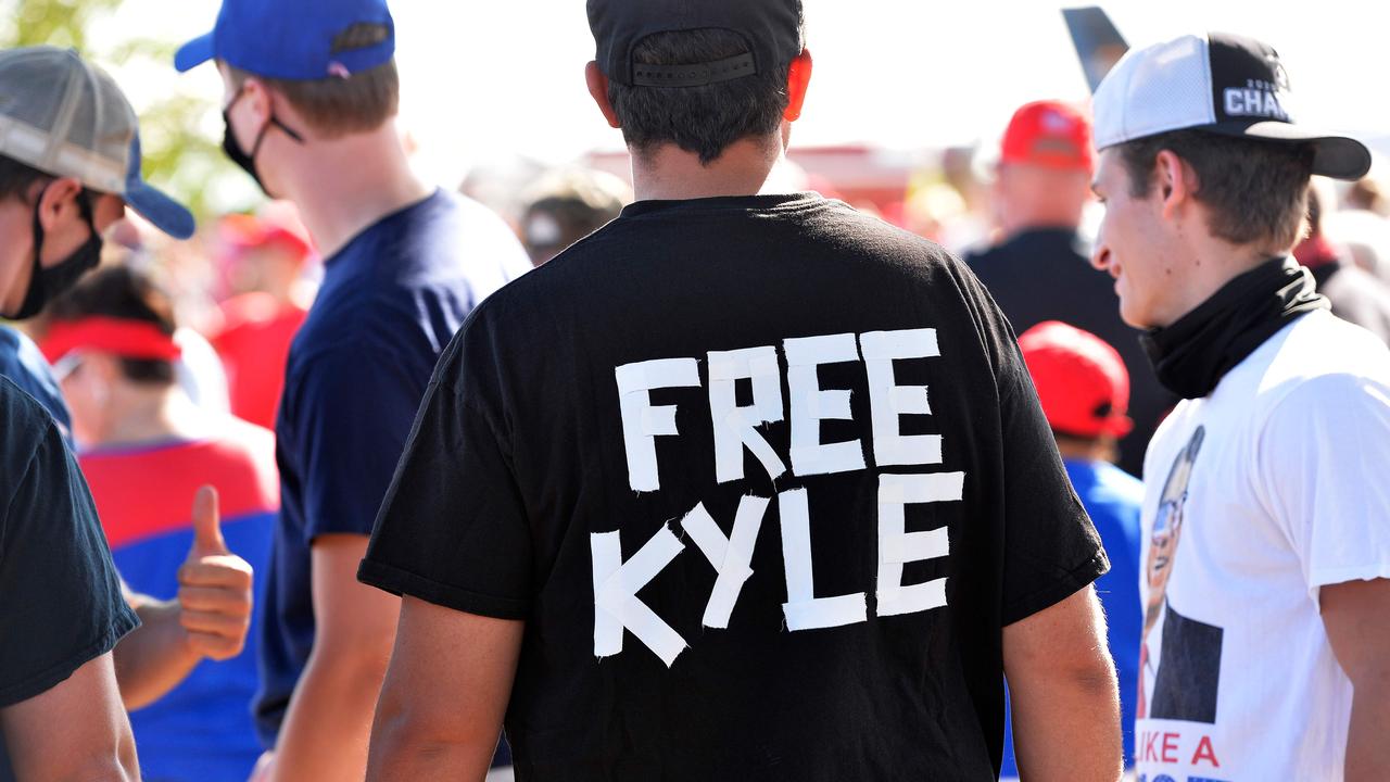 A man wears a shirt calling for freedom for Kyle Rittenhouse at a Donald Trump campaign rally in New Hampshire on Friday. Picture: Joseph Prezioso/AFP