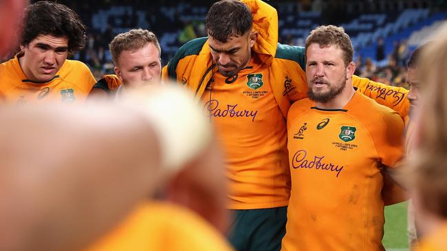 James Slipper addresses his teammates after the error-riddled contest at the new Allianz Stadium. Picture: Cameron Spencer/Getty Images