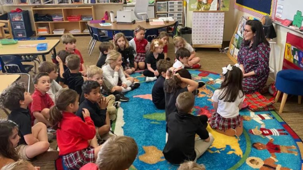 Pediatric surgeon Britney Grayson shared this photo of her speaking to students at The Covenant School just before the mass shooter stormed in and gunned down six people. Picture: Facebook/Britney Grayson