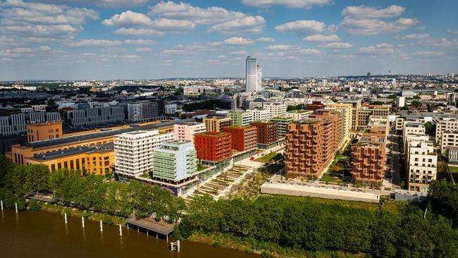 Aerial of the 2024 Paris Olympic Games athlete village in Saint-Denis, Paris.