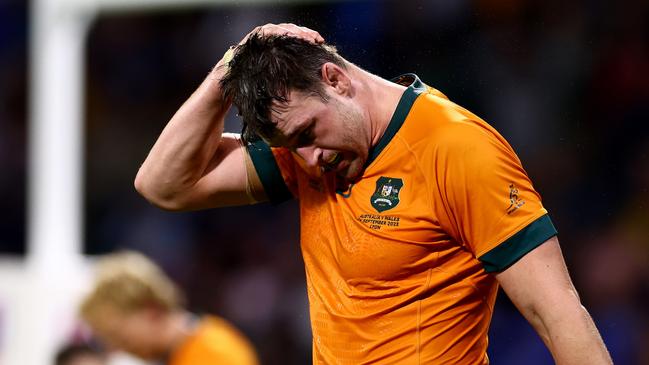 LYON, FRANCE - SEPTEMBER 24: Nick Frost of Australia looks dejected at full-time following the Rugby World Cup France 2023 match between Wales and Australia at Parc Olympique on September 24, 2023 in Lyon, France. (Photo by Chris Hyde/Getty Images)