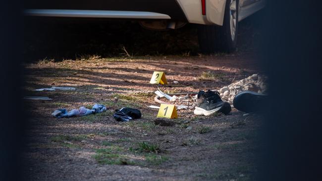 NT Police is investigating the shooting deaths of two Top End residents in Millner and Karama. Pictured is the crime scene established on Spriggs St, Millner. Picture: Pema Tamang Pakhrin