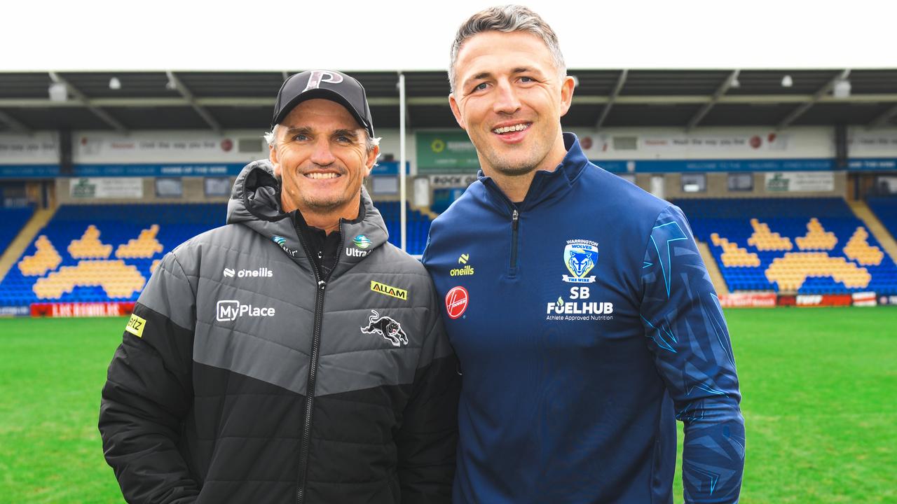 Ivan Cleary and Sam Burgess after Penrith and Warrington trained together. Pic: Joseph Richardson