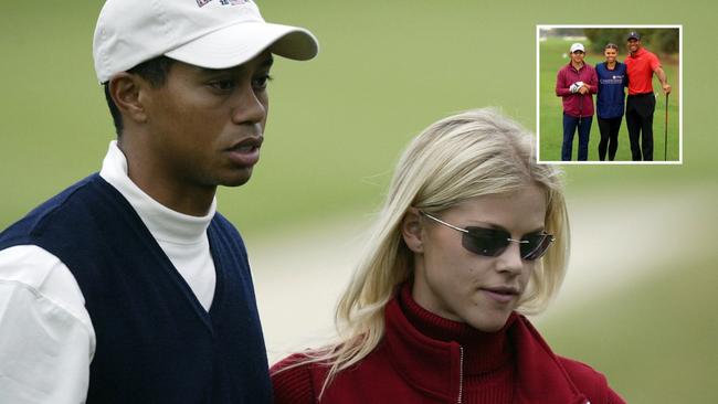 Tigers Woods with Elin Nordegren and inset with son Charlie and daughter Sam. Photo: Craig Jones/Getty Images and Mike Ehrmann, Getty Images via AFP.