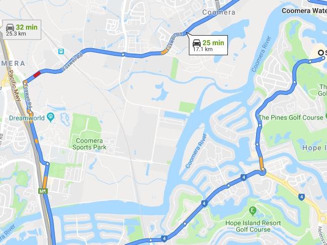 The quickest route from the Coomera Waters Tavern to the Sanctuary Cove Marina Village.