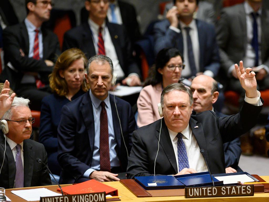US Secretary of State Mike Pompeo votes at a United Nations Security Council meeting on Venezuela. Picture: AFP