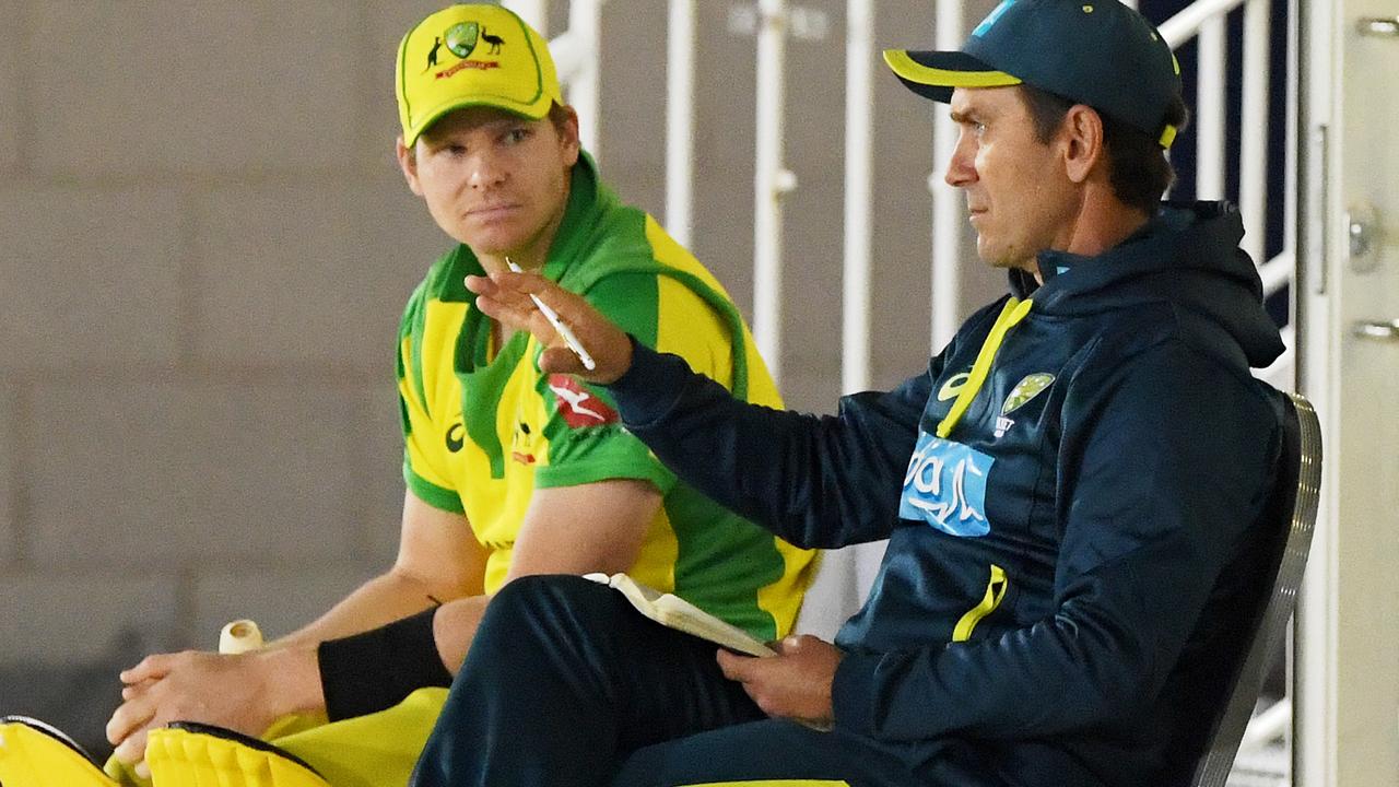 Australian batsman Steve Smith chats with coach Justin Langer. Picture: Stu Forster/Getty Images for ECB