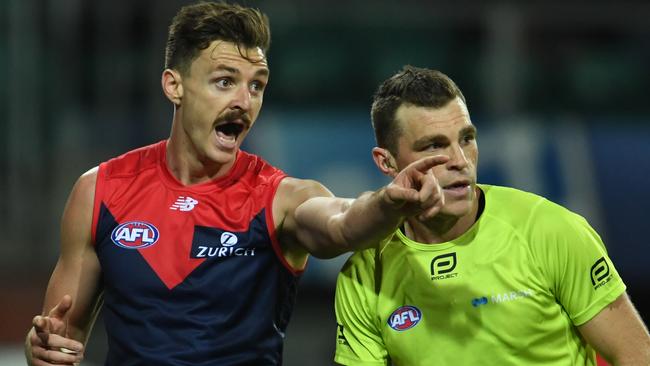 LAUNCESTON, AUSTRALIA - MARCH 06: Jake Lever of the demons argues the call during the 2020 Marsh Community Series AFL match between the Hawthorn Hawks and the Melbourne Demons at University of Tasmania Stadium on March 06, 2020 in Launceston, Australia. (Photo by Steve Bell/Getty Images)