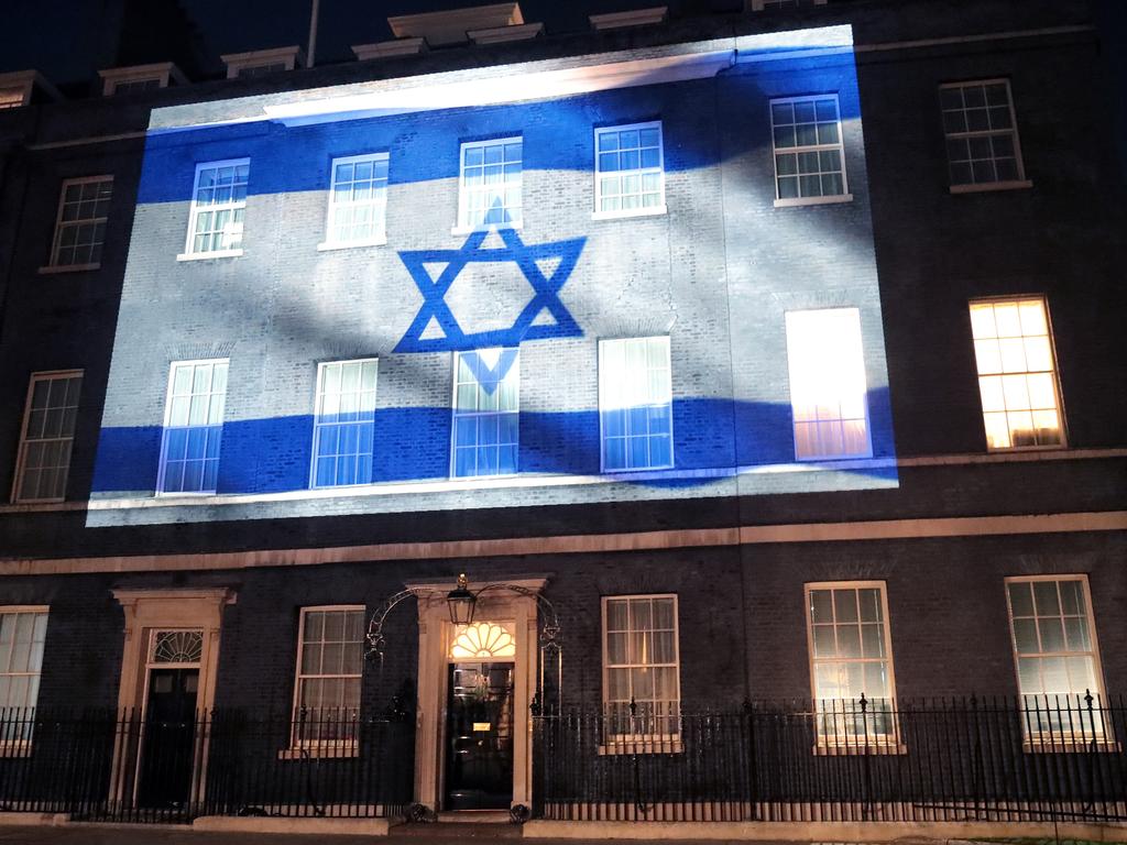 Israel's flag is projected onto the front of 10 Downing Street in a show of support. Picture: Getty Images