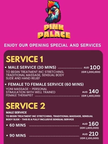 Some of the services advertised at the Pink Palace, in Bali. Picture: Supplied