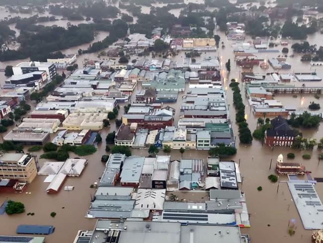 LISMORE, AUSTRALIA - NewsWire Photos FEBRUARY 28, 2022: An aerial image of Lismore in northern NSW shows extensive flooding as the region experiences the worst floods in a century. Picture: NCA NewsWire