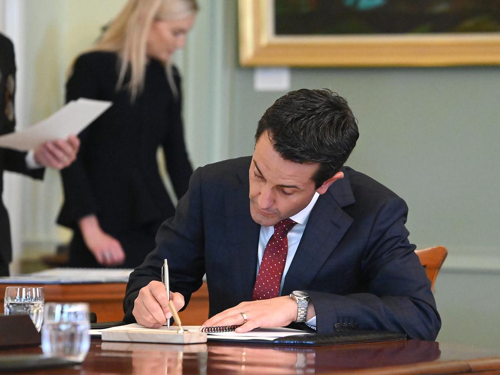 New Premier of Queensland David Crisafulli at the swearing in at Government House on Monday. Picture: NewsWire / John Gass