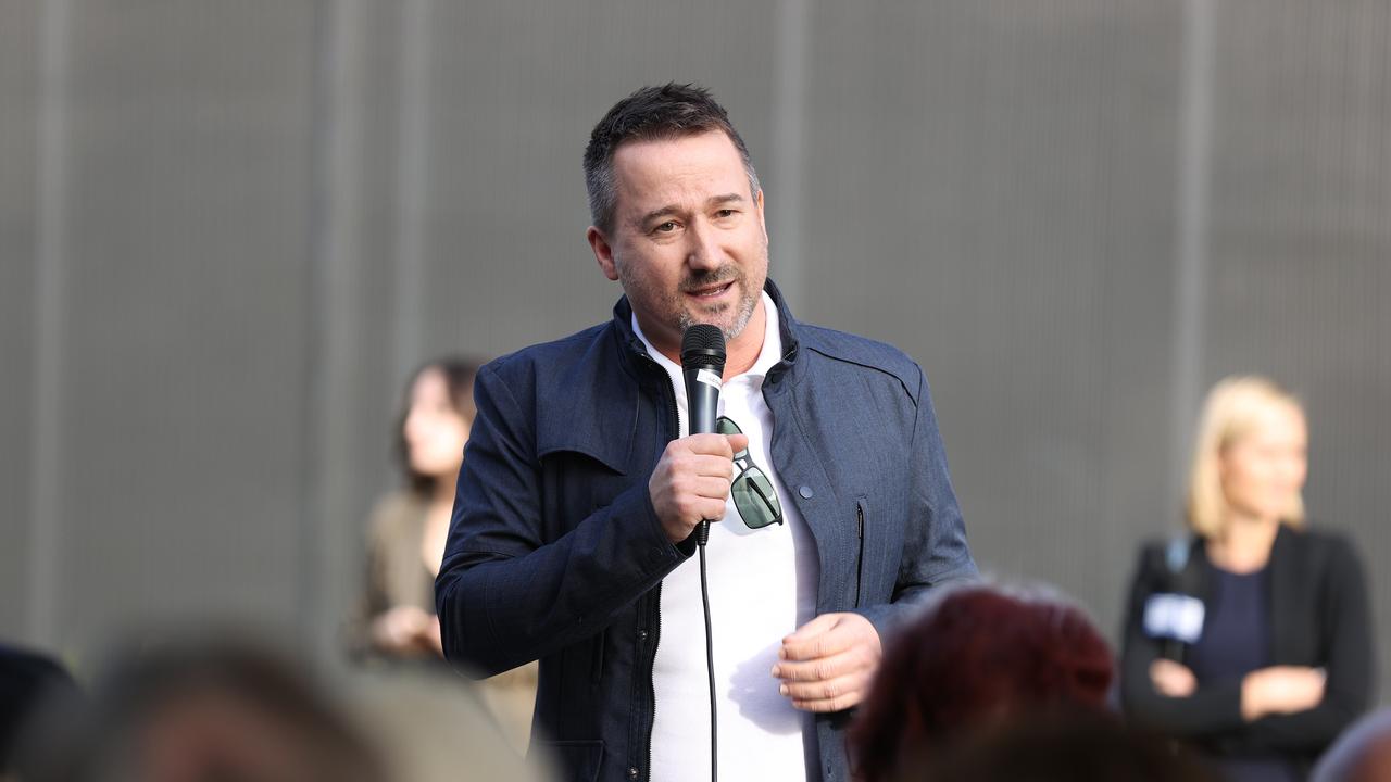 Brisbane Flight Path Community Alliance chairman Marcus Foth rallying outside Brisbane Airport Corporation against fight noise. Picture: Tara Croser