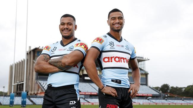 Sione Katoa (left) and Ronaldo Mulitalo at Shark Park in Cronulla. Picture: Jonathan Ng