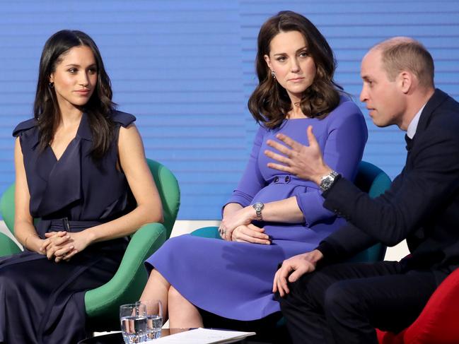 Meghan Markle, Catherine, Duchess of Cambridge and Prince William, Duke of Cambridge attend the first annual Royal Foundation Forum held at Aviva on February 28, 2018 in London. Picture: Getty Images