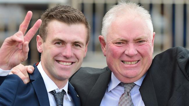 Clayton Douglas and Jonathan Munz’s racing manager Rod “Rocket” Douglas. Picture: Getty Images