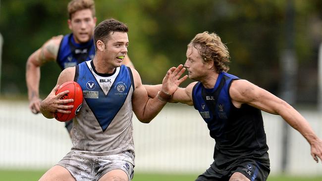 VAFA football: University Blacks V University Blues. No 7 Jeremy Mugavin for Blues. Picture: David Smith