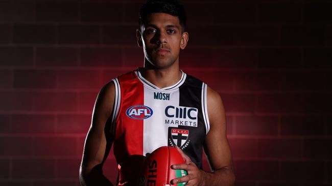 MELBOURNE, AUSTRALIA - AUGUST 31: Nasiah Wanganeen-Milera of the Saints poses during a St Kilda Saints AFL media session at RSEA Park on August 31, 2023 in Melbourne, Australia. (Photo by Robert Cianflone/Getty Images)