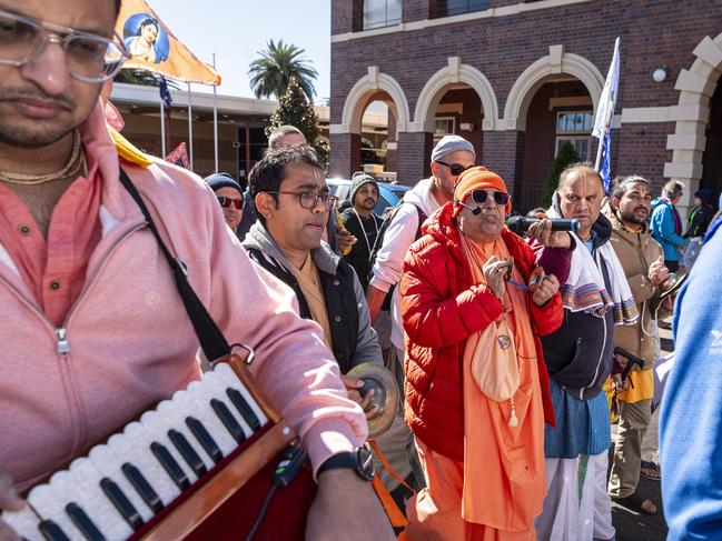 His Holiness Vedavyasapriya Swami leads the singing during Toowoomba's Festival of Chariots, Saturday, July 20, 2024. Picture: Kevin Farmer