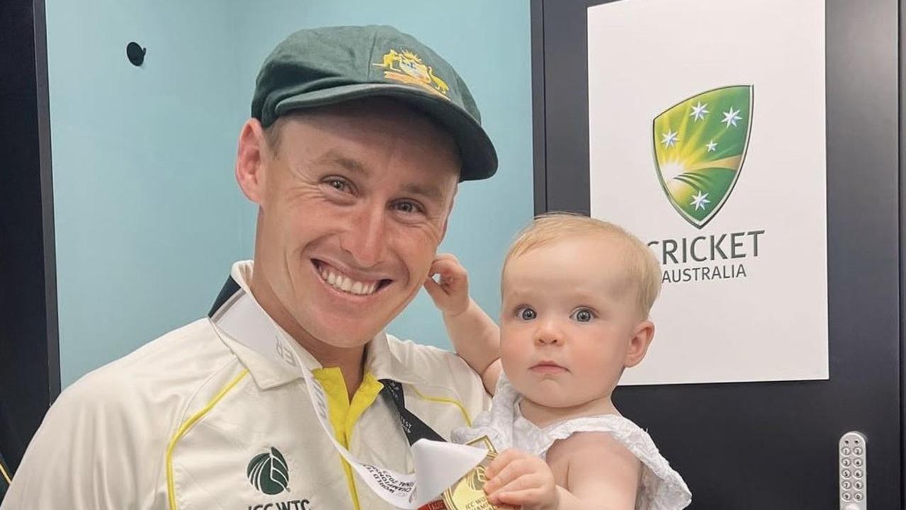 Marnus Labuschagne with daughter Hallie at the World Test Championship final at The Oval. Photo: Instagram