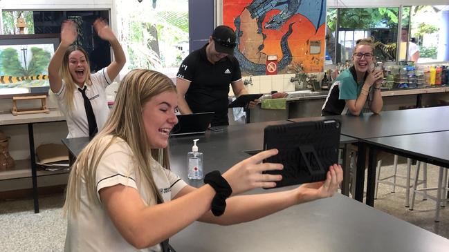 Bray Park High School Year 11 students Tasha Arnold, Bianca Bill, Amy Byrnes on video chat with residents at Anam Cara.