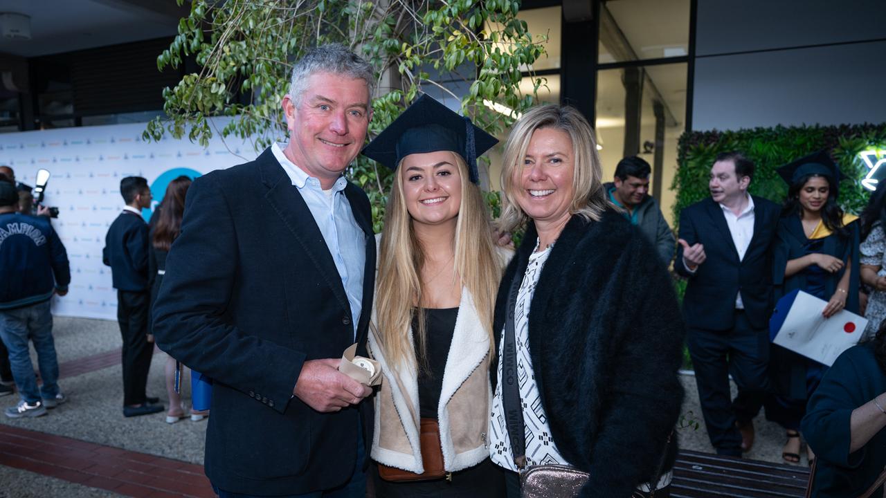 17-09-2024 Deakin University Bachelor of Commerce graduation. Peter, Lucy and Chris Elsworth. Picture: Brad Fleet