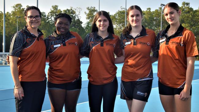 Team manager Sophie McConnell, vice-captain Natalie Mupamhadzi, student umpire Hannah Torsney, captain Ada Whiteside and vice-captain Jade Moir are excited to play on the national court in Perth for the first time since Covid. Picture: Sierra Haigh