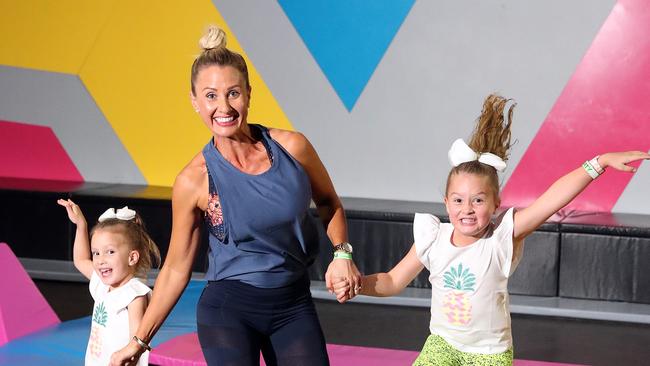 Kimberley Welman - Stay Strong Mummy. Author and blogger about parenthood with her kids Indi Welman (4) and Eve Welman (6) at Bounce Burleigh Heads. Photo by Richard Gosling