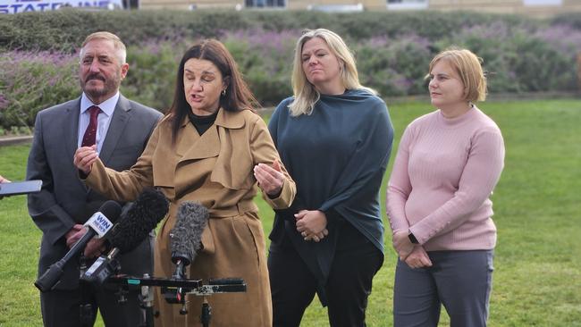 Jacqui Lambie Network MP Andrew Jenner, Senator Jacqui Lambie and MPs Rebekah Pentland, Miriam Beswick on Parliament Lawns on Thursday August 1, 2024.