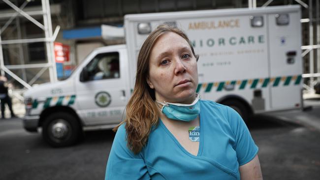 Registered Nurse Elizabeth Schafer prepares for her second day of volunteering at the Beth Israel Mount Sinai Hospital in New York. Picture: AP