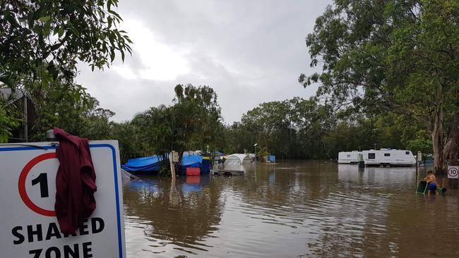 Holidaymakers were trapped at Big 4 Gold Coast Holiday Park at Helensvale after a huge deluge of rain led to flash flooding. Picture: Colleen McArthur