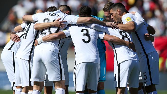 New Zealand’s national men’s football team, the All Whites, in a huddle before a game in 2018. Picture: Getty Images