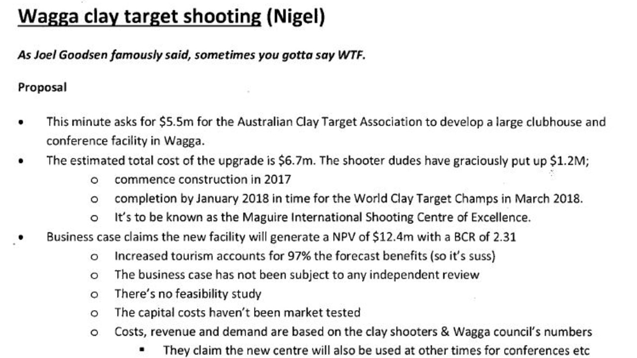 Nigel Blunden's 2016 memo to Mike Baird said the Wagga Wagga MP had 'fired up' over the funding.